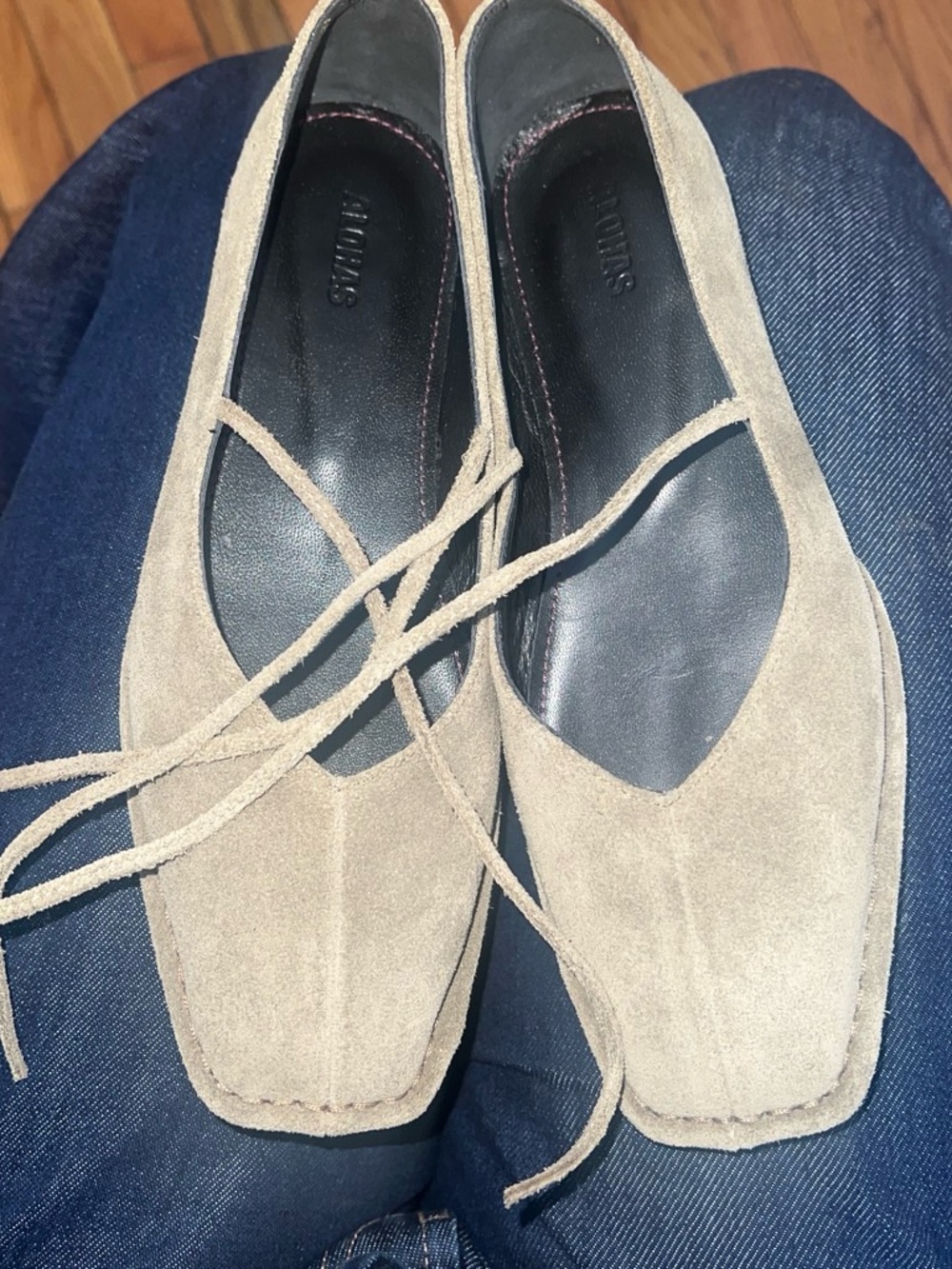 ALOHAS Taupe Suede Square-Toe Lace-Up Flats